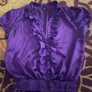 Royal purple ruffle button blouse